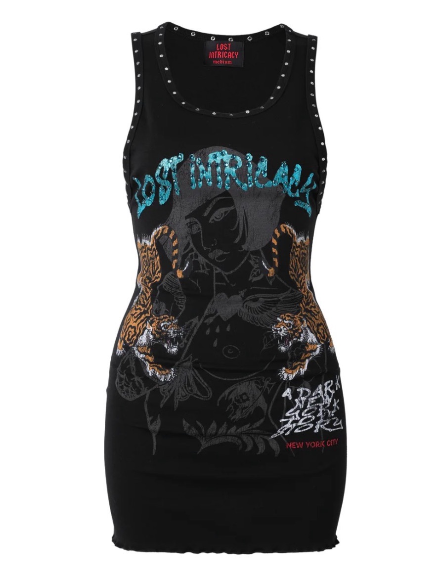 Black Graphic Stud-Trim Mini Dress